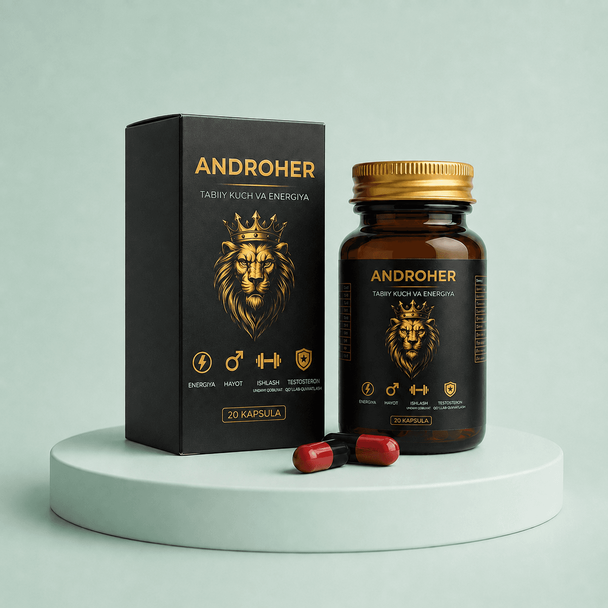 Чёрно-золотая коробка Androher, коричневый флакон и капсулы